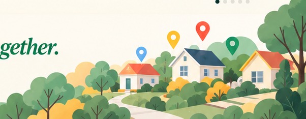 Illustrated PorchDot neighborhood with colorful map pins